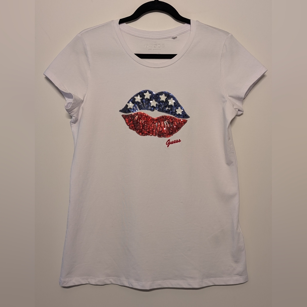 GUESS White Sequin Flag Lips T-Shirt Women's XL Patriotic 4th Of July Red Blue